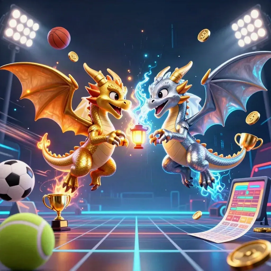 Twin gold and silver dragons spiral with fire and ice, surrounded by sports balls, coins, and casino glow.