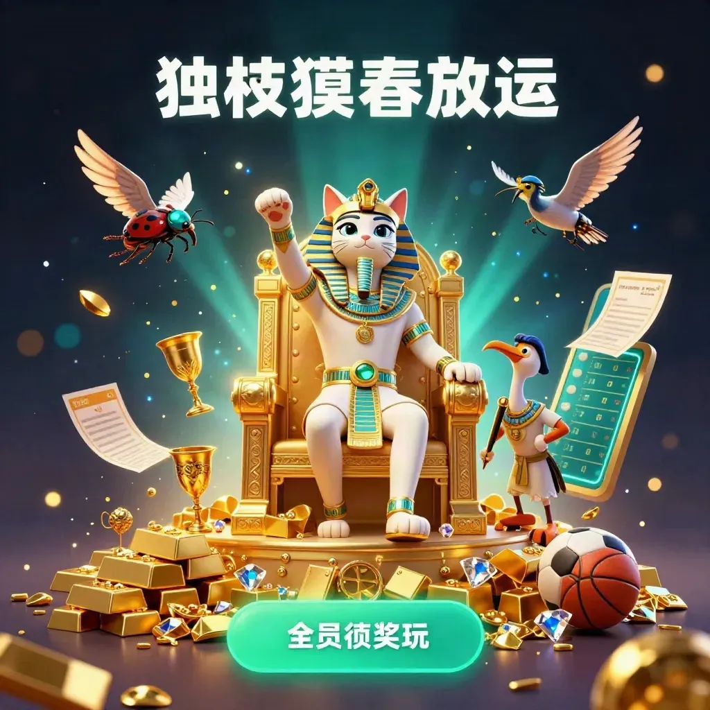 Pharaoh cat throne scene with ibis scribe, scarabs, vault burst, gold, gems, and sports props in neon glow
