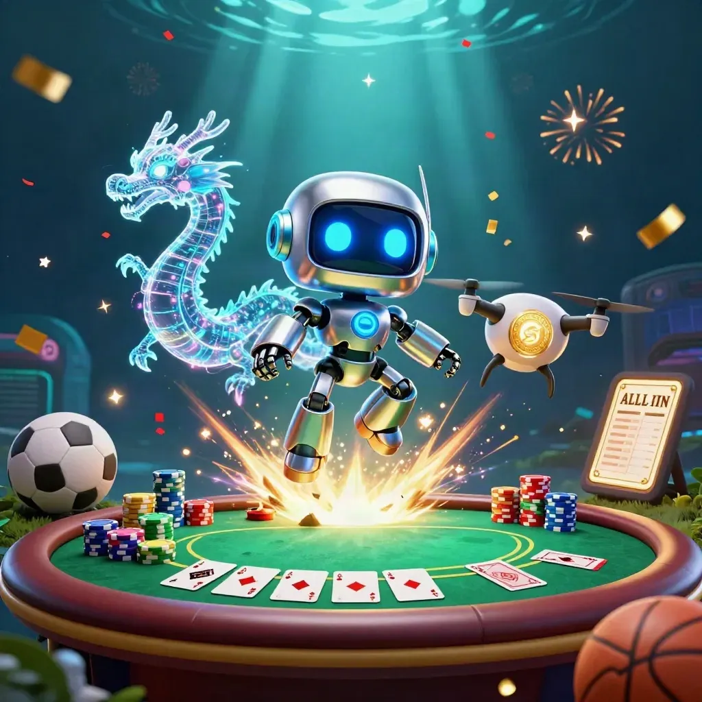 Cyberpunk robot, holographic dragon and drone over casino sports gear, chips and neon glow.