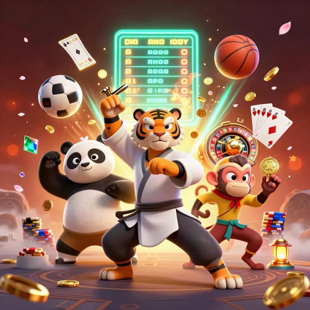 Kung-fu tiger, panda, and monkey amid casino chips, coins, sports balls, and neon glow.
