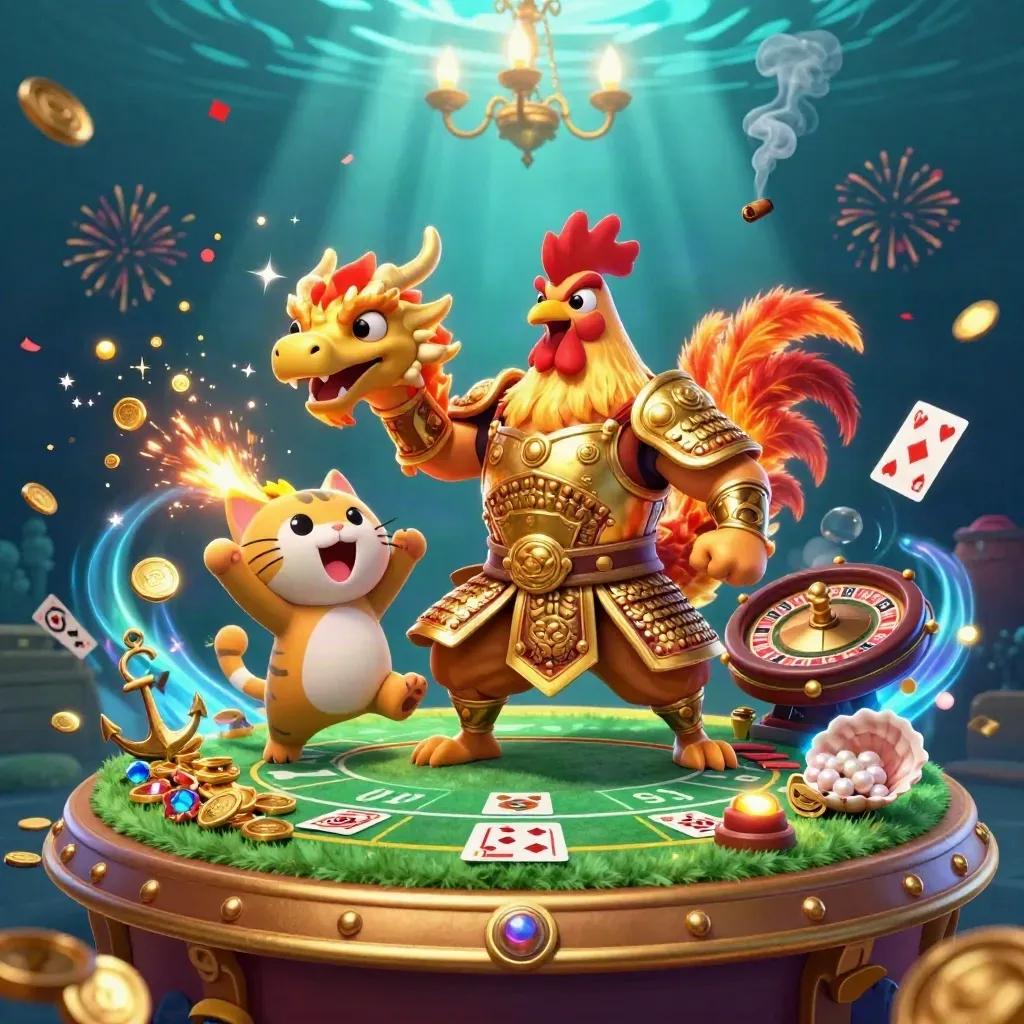 Rooster warrior, dragon hatchling, and fortune-cat in a luxe underwater casino treasure cove.