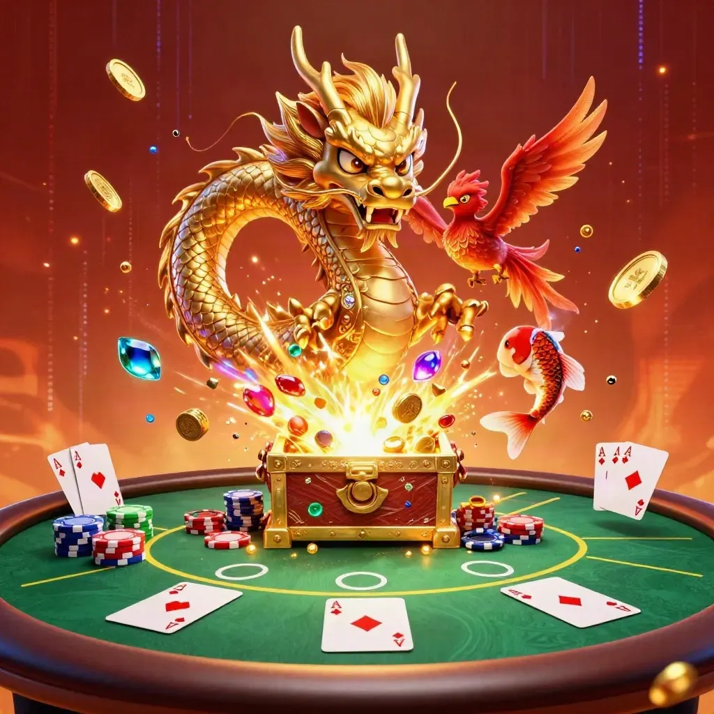 Golden dragon, red phoenix and koi erupt from treasure amid casino chips and neon green glow.