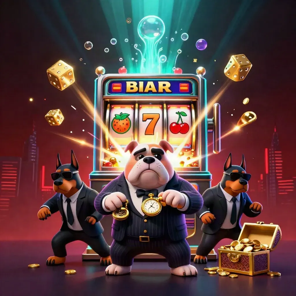 Bulldog boss and Dobermans amid exploding slot machine, gold, dice, and glowing casino effects.