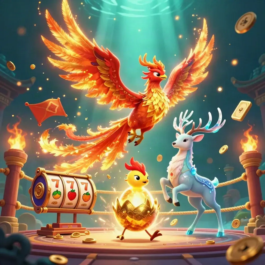Fire phoenix, baby phoenix, and crystalline stag amid casino loot and glowing temple ruins.