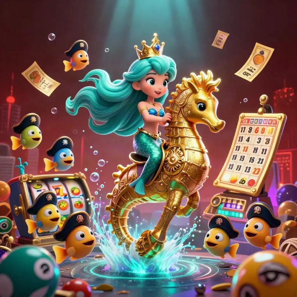 Mermaid princess on golden seahorse amid pirate fish, lottery balls, prize wheel and neon casino glow.