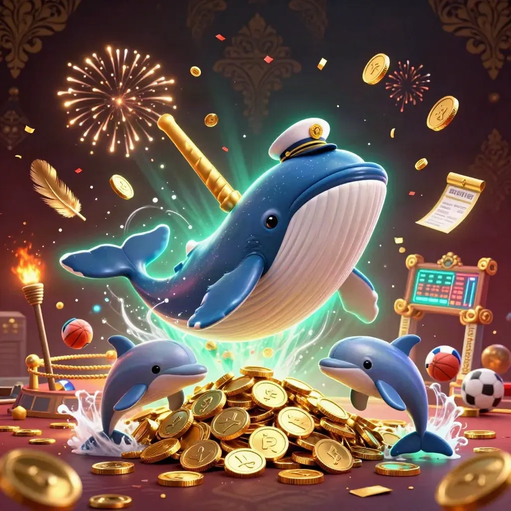Whale captain, narwhal, and dolphins burst through gold coins with casino and sports energy