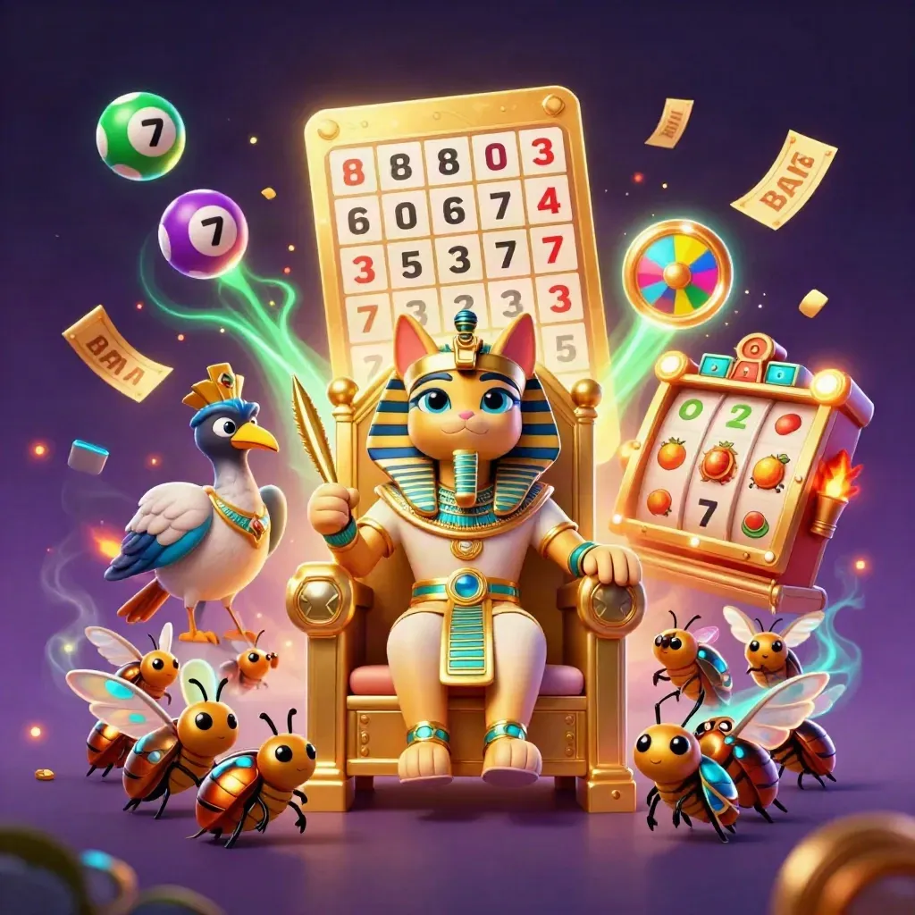 Pharaoh cat on golden throne with ibis scribe, scarabs, lottery balls, prize wheel and casino sparks.