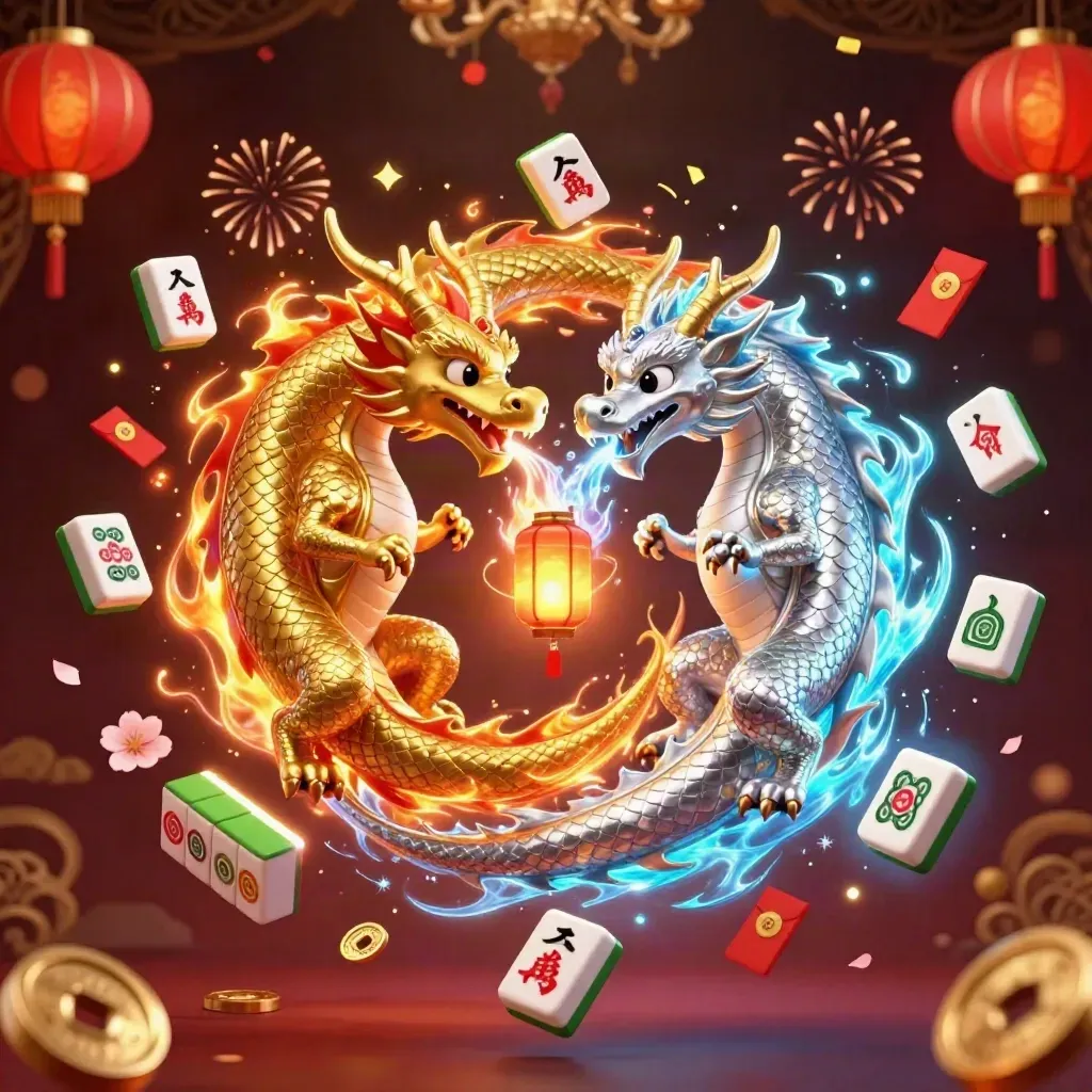 Twin gold and silver dragons with lantern spirit and casino symbols on a dark glowing backdrop.