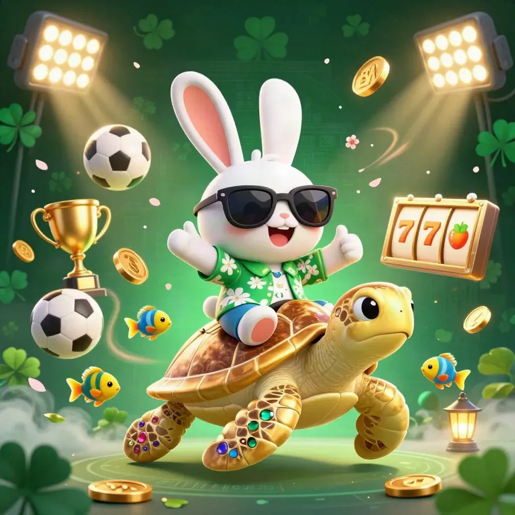Rabbit on a gold turtle amid casino stars, coins, reels, balls, and neon glow.