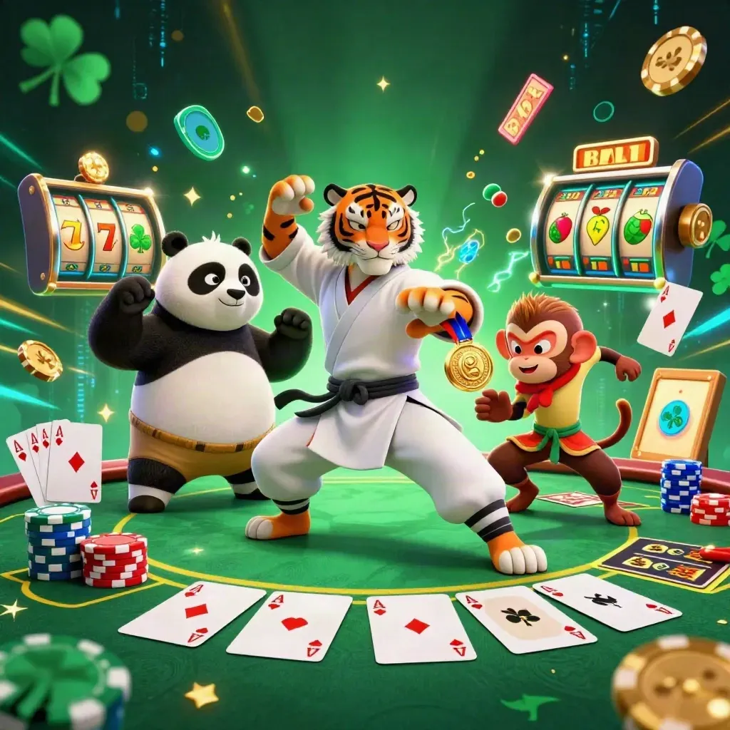 Tiger, panda, and monkey casino kung-fu heroes amid chips, cards, reels, and neon energy.