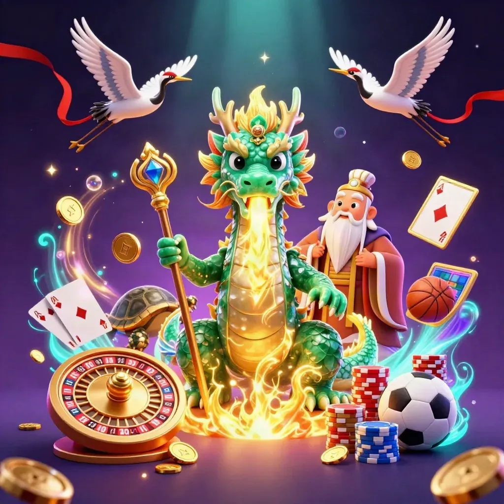 Jade dragon, turtle sage, and cranes amid casino coins, chips, cards, and neon glow