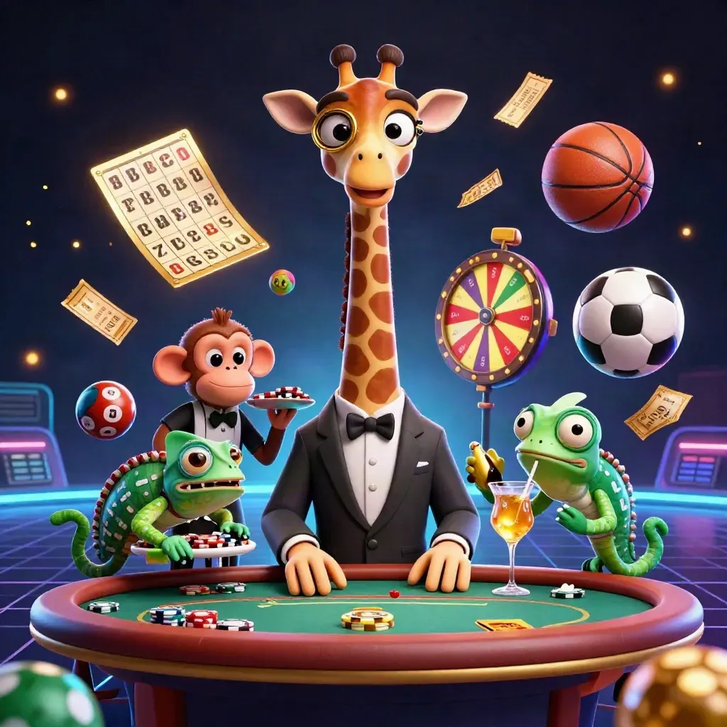 Giraffe high roller, monkey valet, and chameleon bartender amid casino rewards and neon glow.