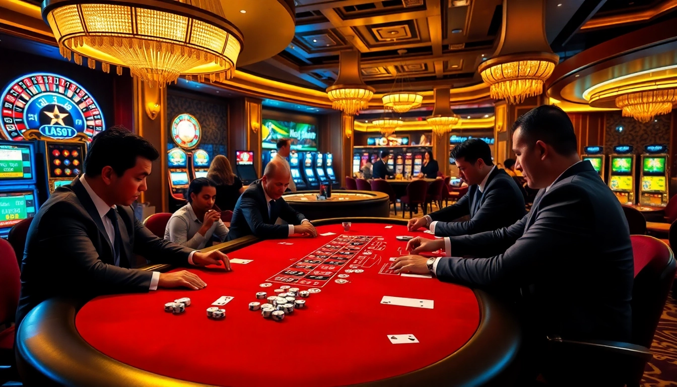 Engaged players at a TG 88 poker table in a luxurious casino setting, highlighting excitement and strategy.