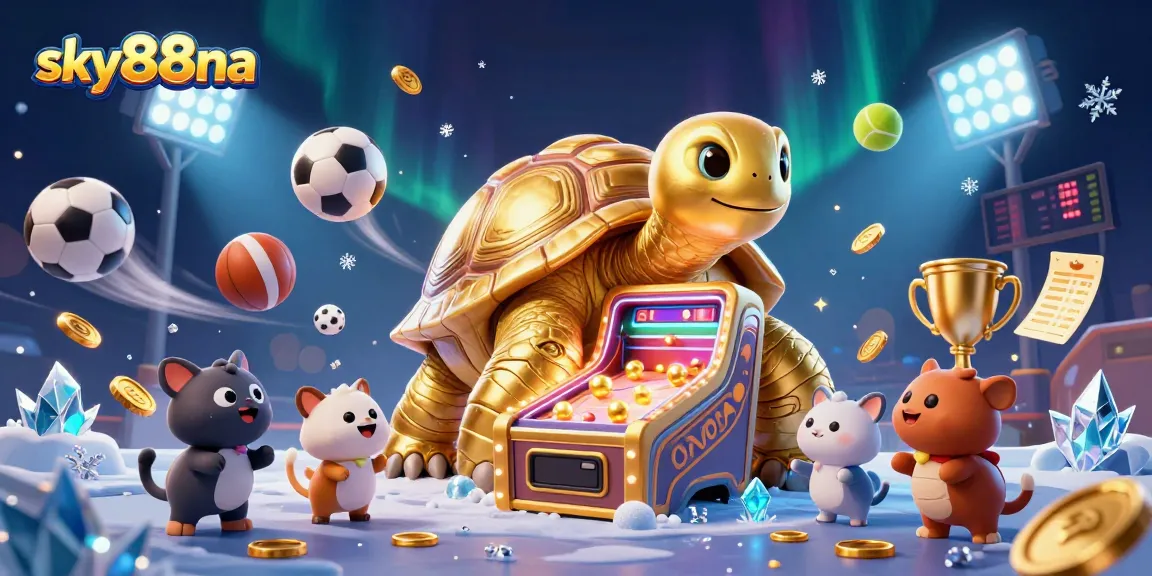 Engage in thrilling gameplay at sky88na with a giant turtle pinball casino scene featuring betting slips and sports balls.