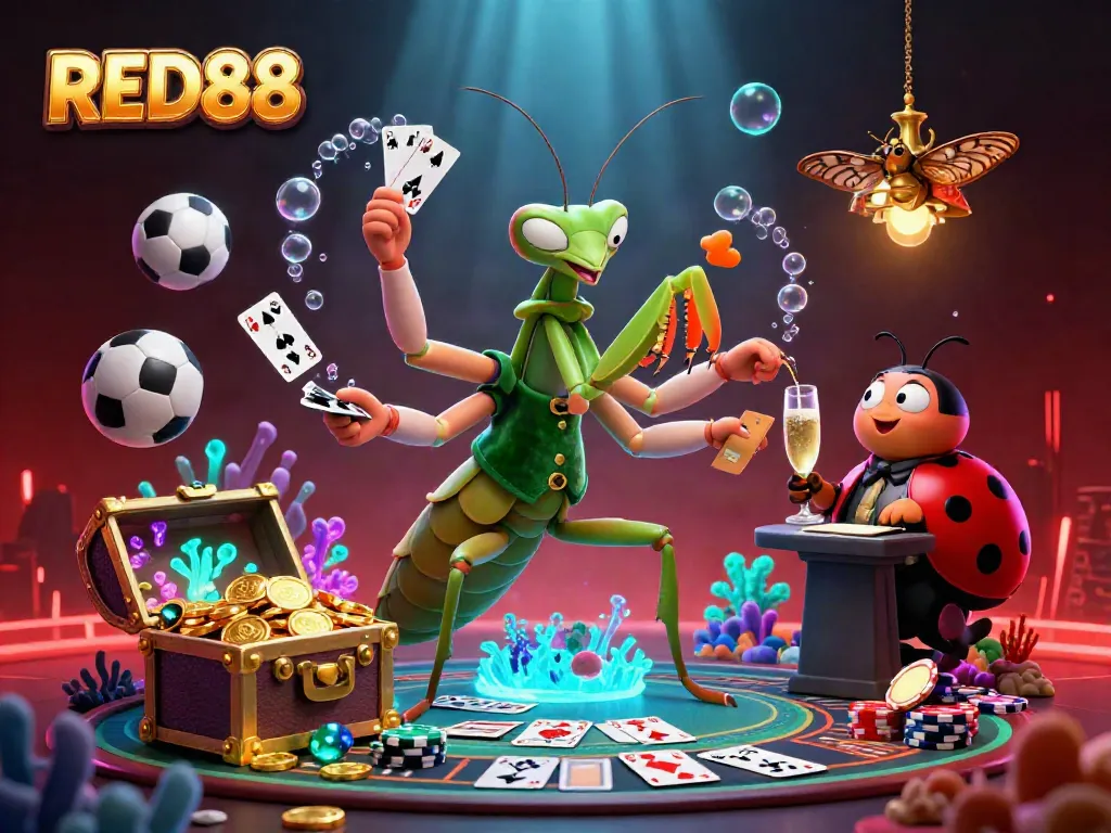 Experience the excitement of betting with RED88 in an engaging 3D illustration featuring vibrant casino elements.