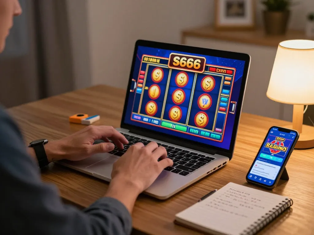 s666 player engaging in online casino slots strategy from cozy home setup with laptop and notebook.