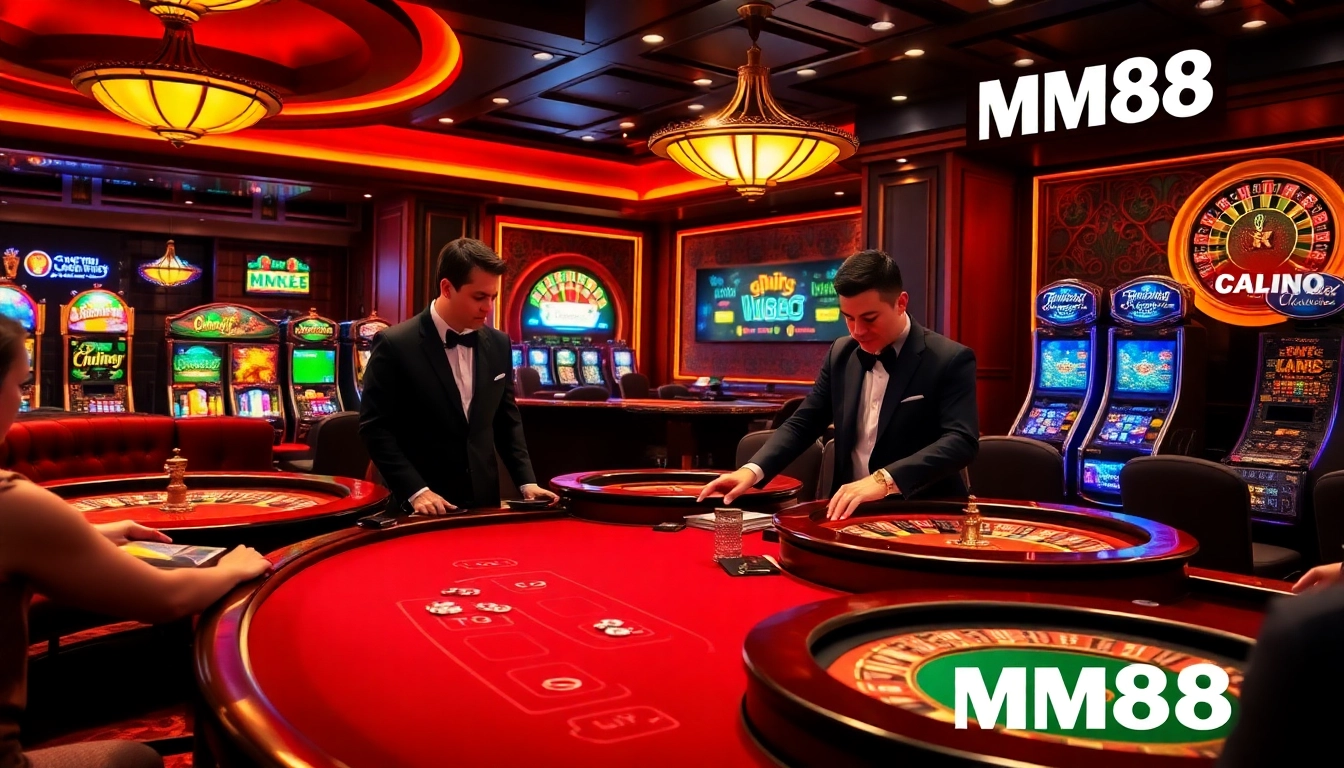 Experience the thrill of MM88 with vibrant casino activities, including poker tables and roulette wheels.