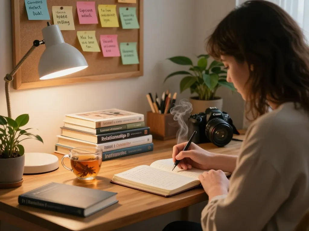 A person reflecting on feelings and crush on someone in a cozy home study.