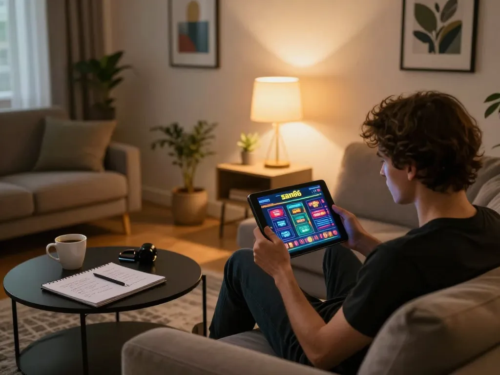 Engaging gameplay on sam86 tablet in a cozy home setting with player focused.