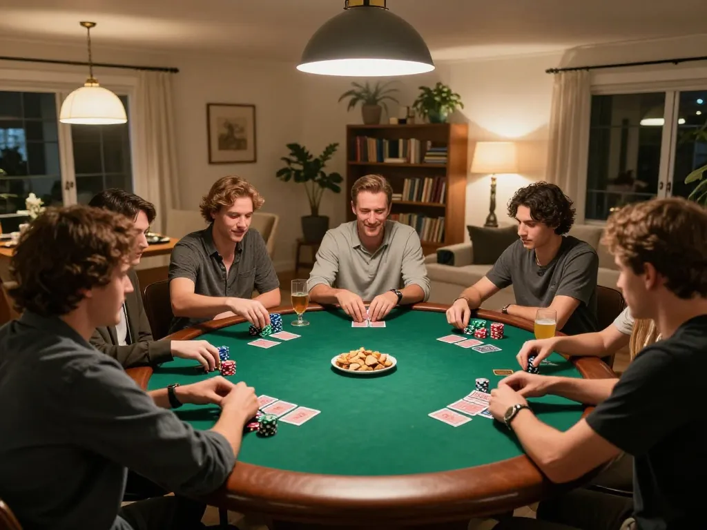 Players enjoy poker at home with W188 link visible on a smartphone, showcasing strategic gameplay and friendly competition.
