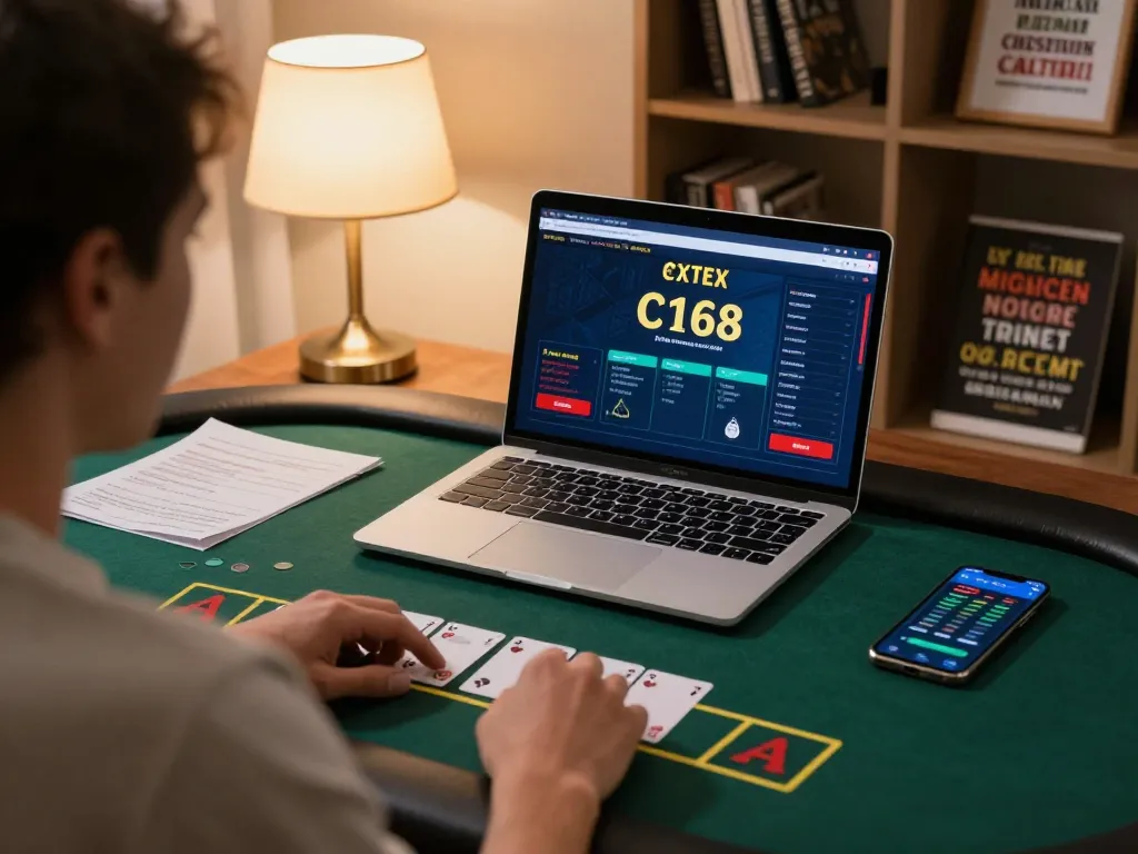 Engaged player using C168 platform for strategic blackjack betting at home.