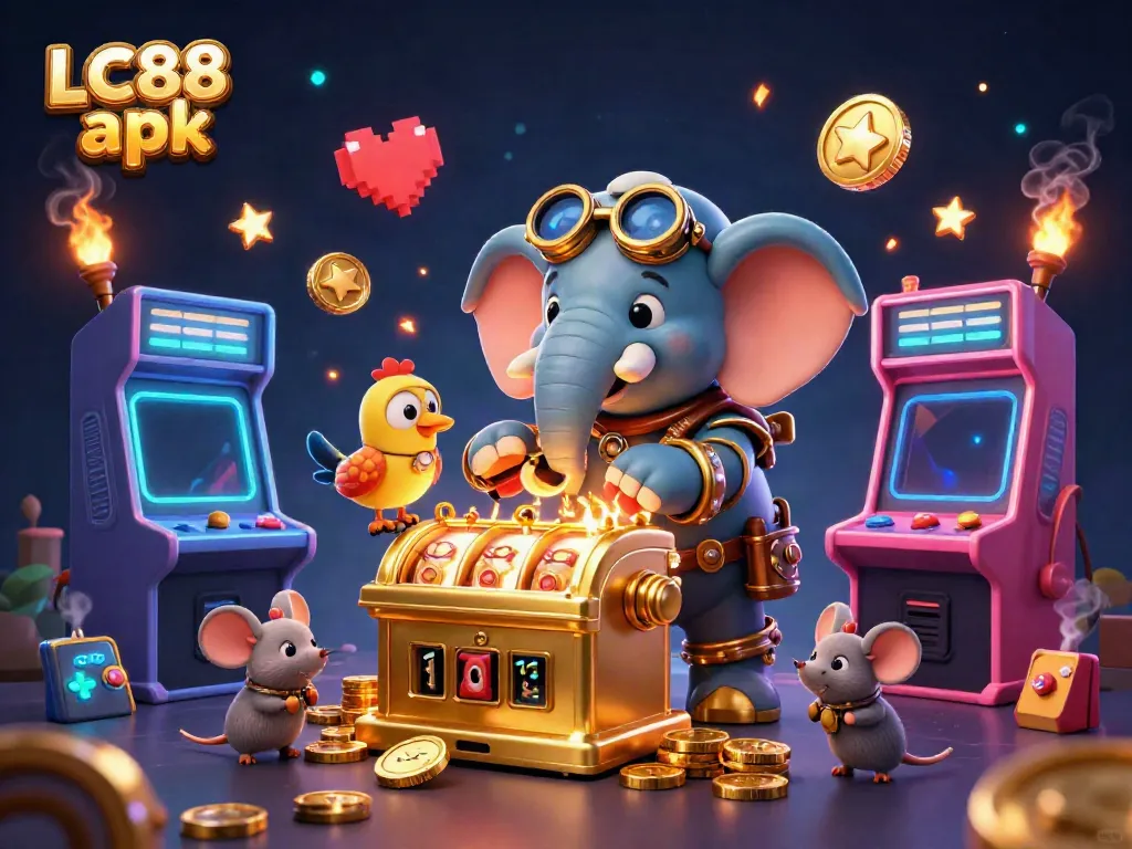 Engage with the vibrant world of LC88 apk through exciting slot machine adventures in this dynamic illustration.