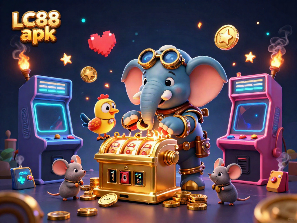 Engage with the vibrant world of LC88 apk through exciting slot machine adventures in this dynamic illustration.