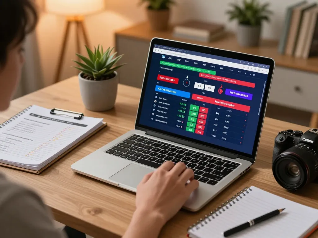 Kèo nhà cái hôm nay displayed on a laptop screen as a person places online sports bets in a cozy home office setting.