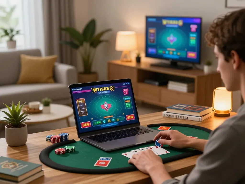 3WIN home gaming scene with player enjoying online blackjack and showcasing strategic gameplay.