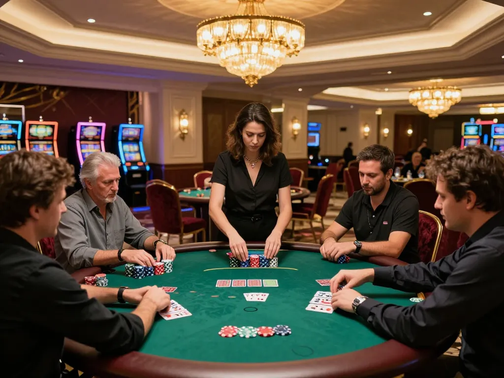 Players engaged in high-stakes poker at an upscale casino with TR88 ambiance.