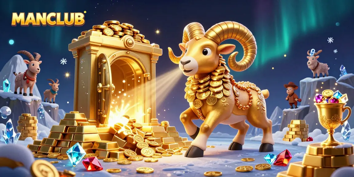 Experience thrilling gameplay at MANCLUB with a dynamic scene of a charging golden ram amidst treasure and exciting casino elements.