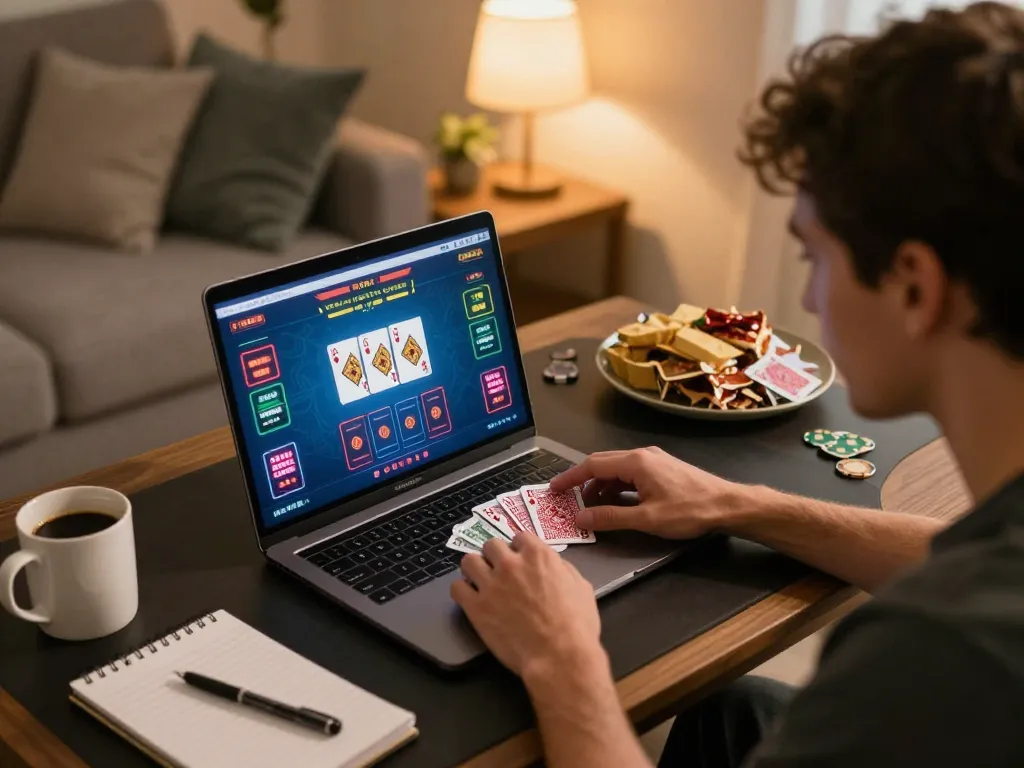 Player enjoying online poker with LC88 from home, displaying cards and strategy notes.