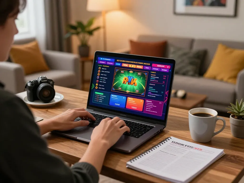 Engaging in online casino gaming through link vào MM88 with vibrant home office setting, showcasing strategy and comfort