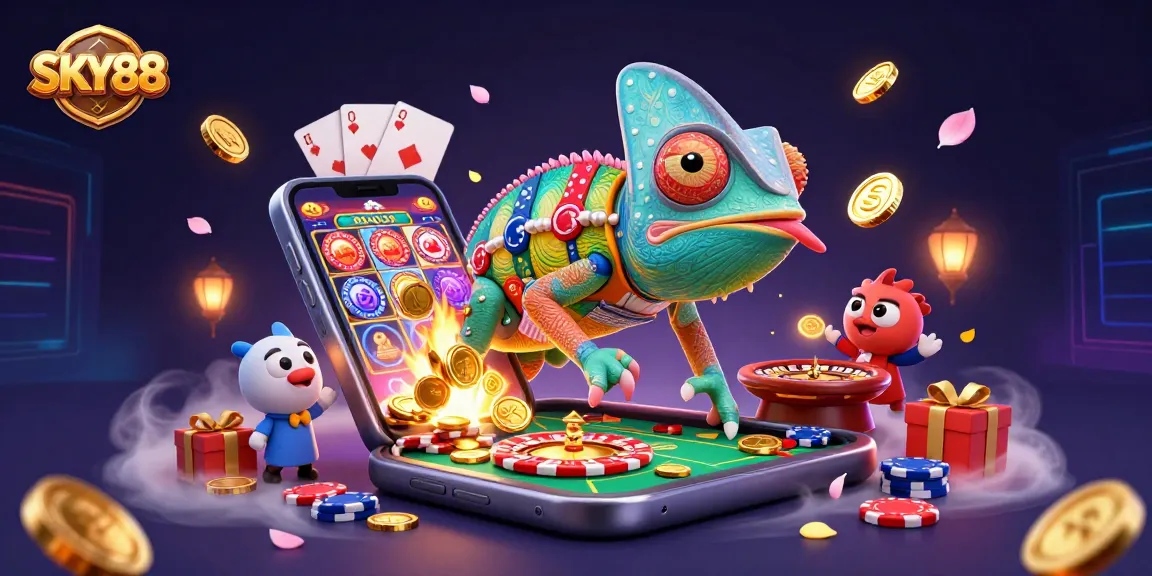 SKY88's chameleon casino owner captures golden coins amidst a dynamic gambling scene.