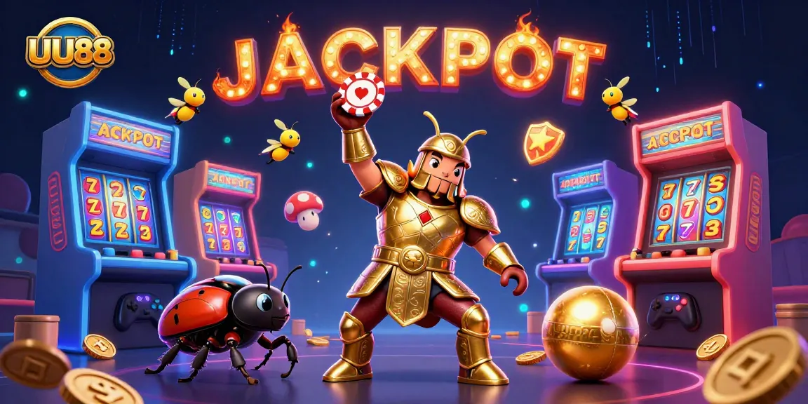 Experience the excitement of UU88 featuring vibrant slot elements, a heroic beetle, and illuminated jackpots.