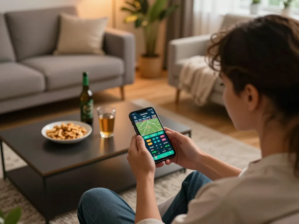 Engaging with the HELLO88 betting app at home, highlighting online gambling excitement.