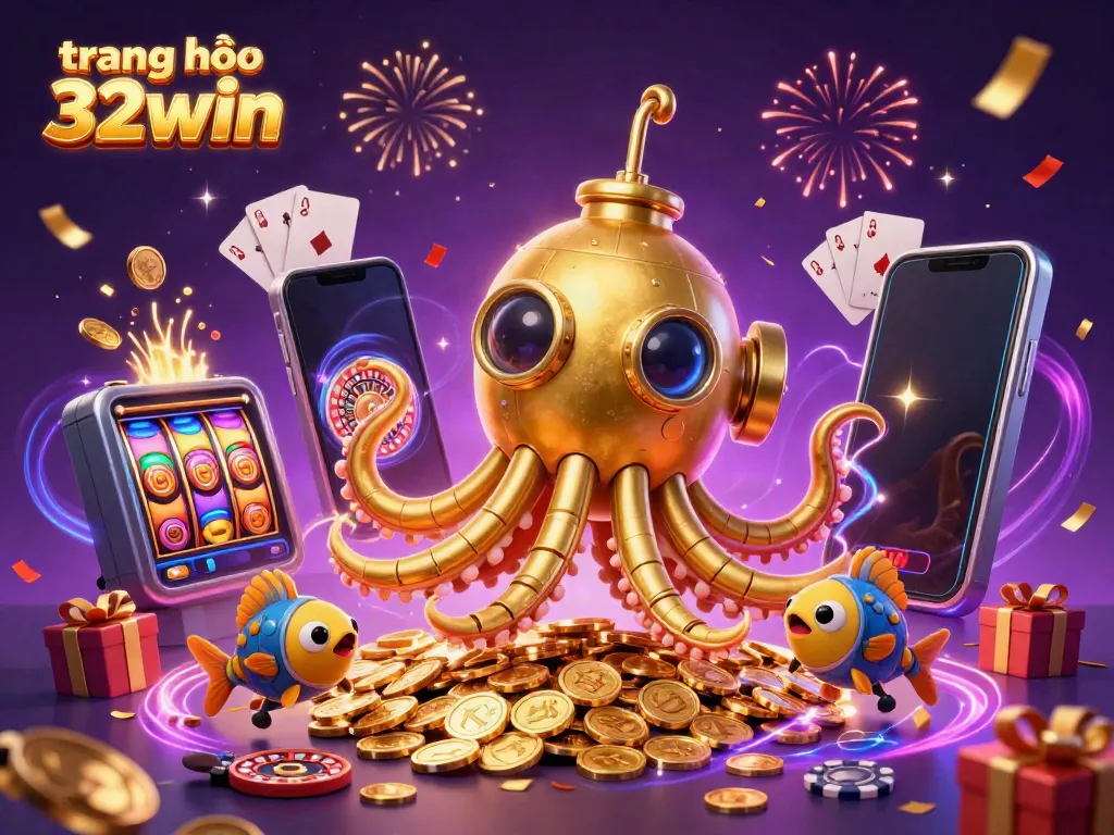 Experience the excitement of winning at trang chủ 32win with a dynamic 3D illustration of a kraken submarine amidst casino elements.