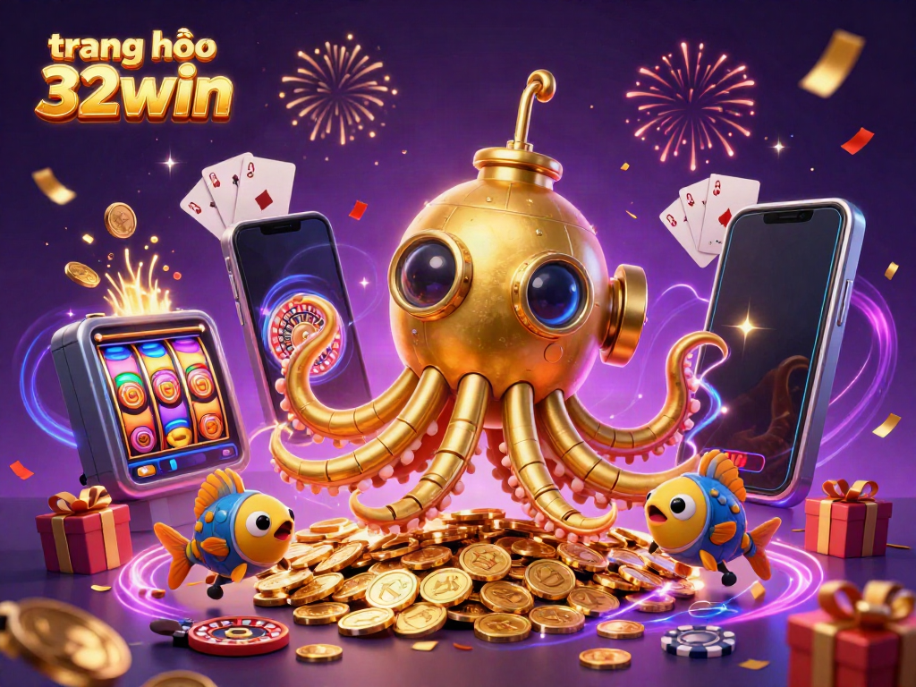 Experience the excitement of winning at trang chủ 32win with a dynamic 3D illustration of a kraken submarine amidst casino elements.