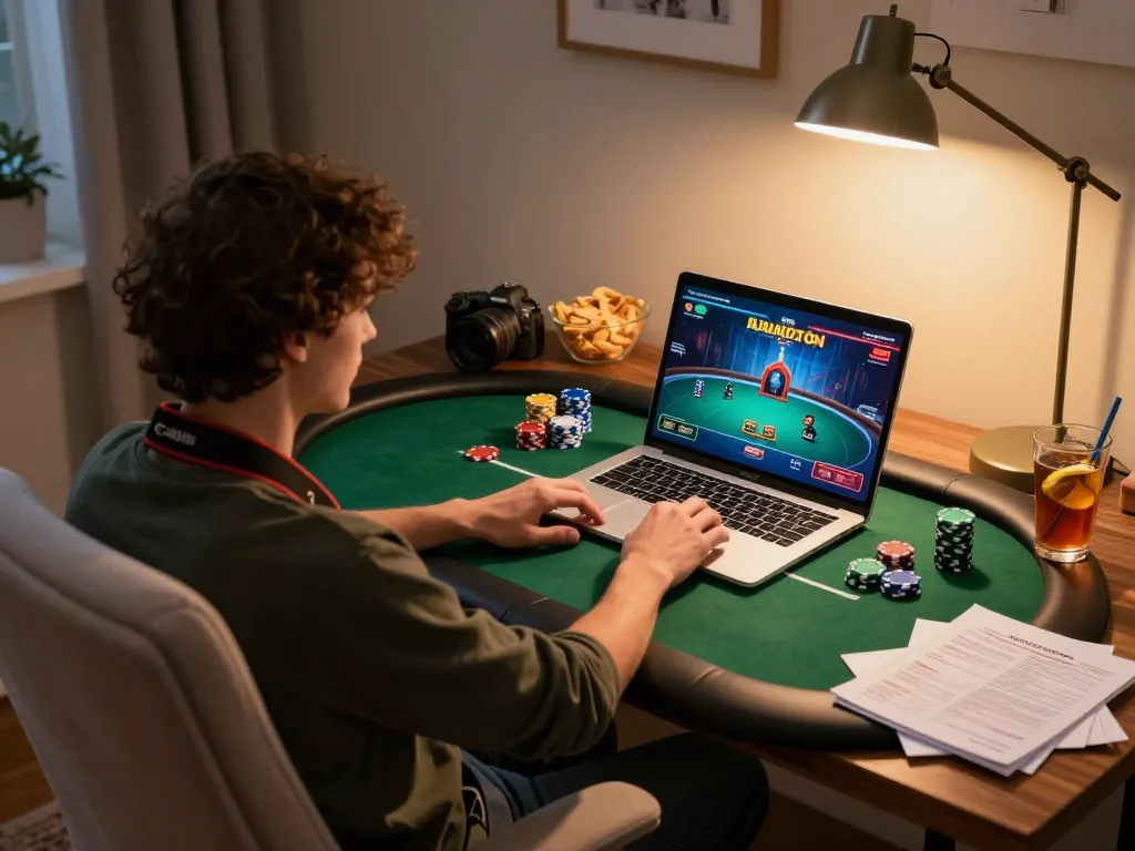 Engaging in online poker at home with Lu88, showcasing an inviting game setup and strategic focus.