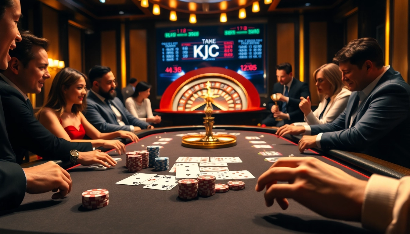 KJC casino table with poker chips and cards, showcasing an exciting gambling atmosphere.