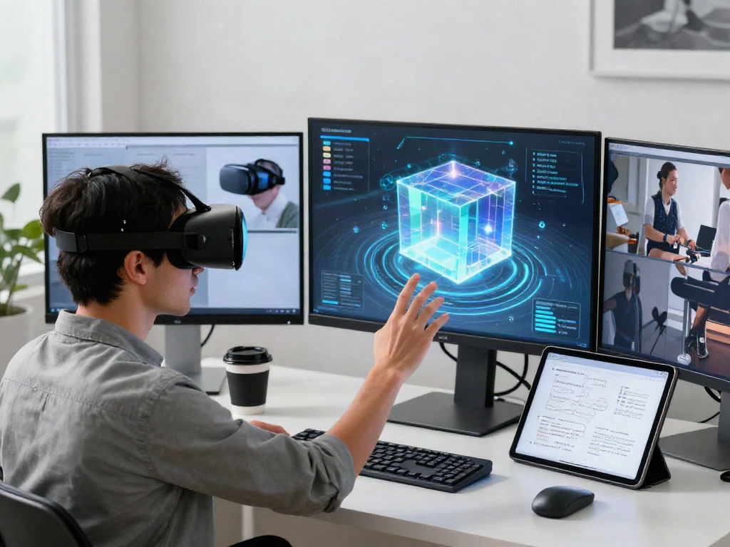 Interaksi pengguna dengan cermin4d menggunakan teknologi realitas virtual di ruang kerja modern.