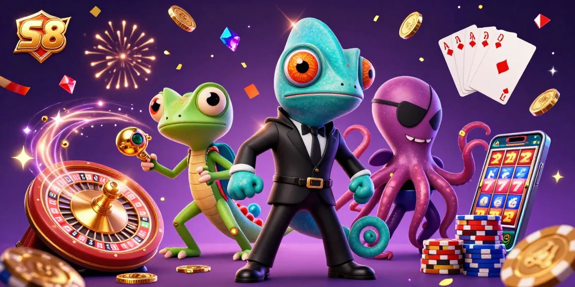 Win big with S 8 in this vibrant casino scene featuring action-packed characters and dynamic gaming elements.