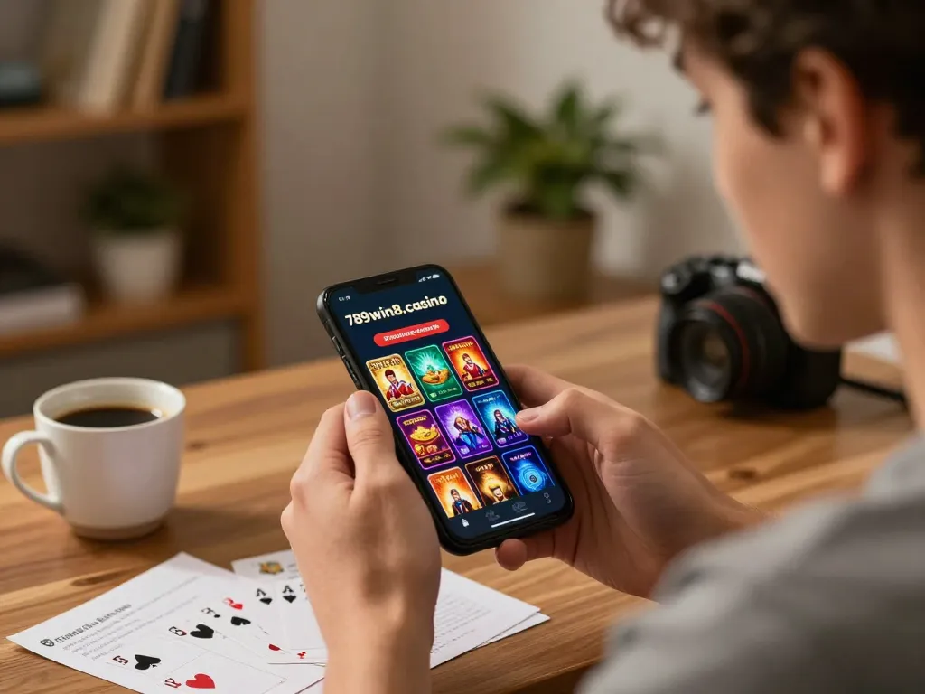 Engaged player exploring mobile casino games on 789win8.casino app while enjoying a cozy gaming experience at home.
