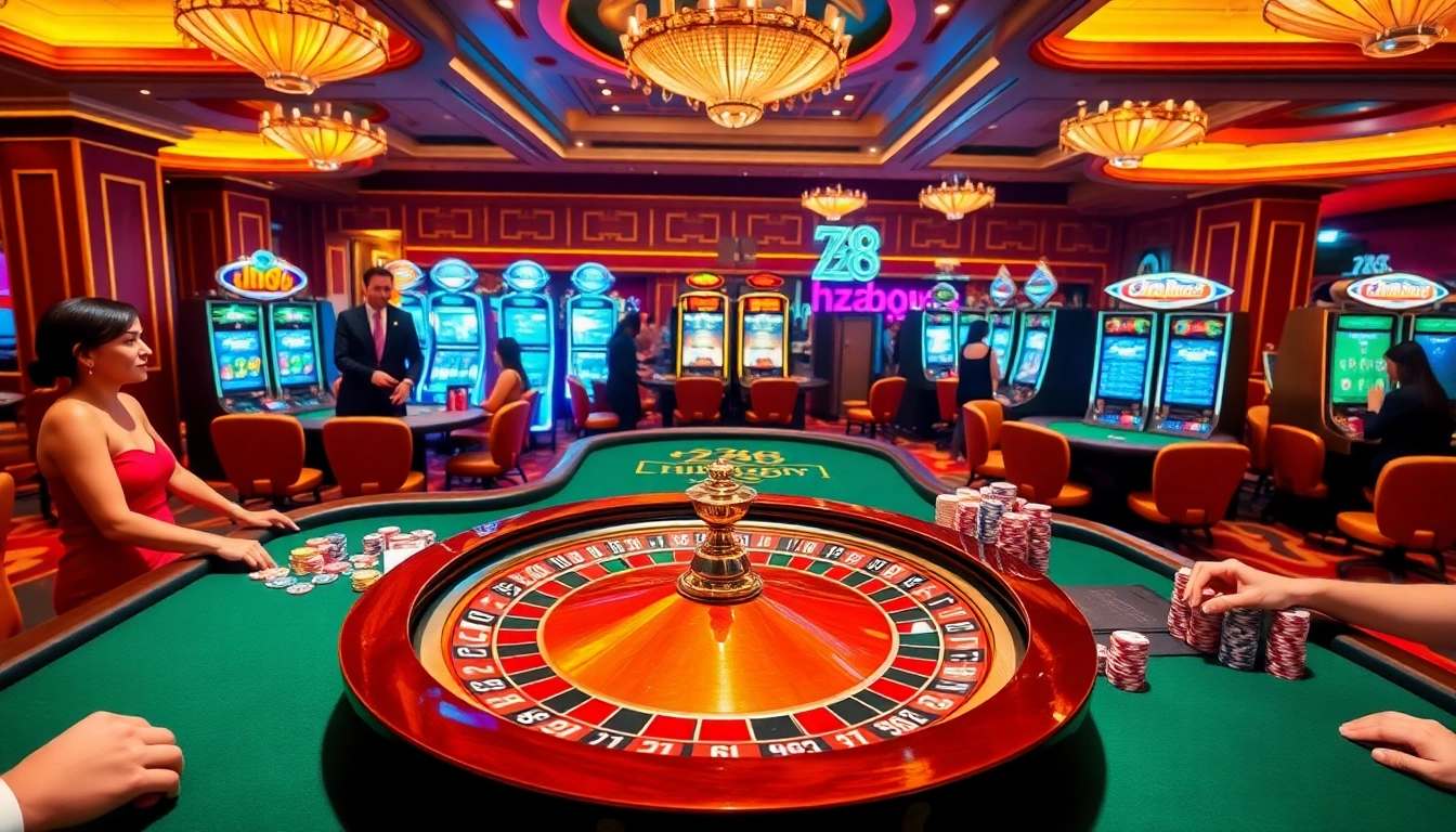 Experience luxury gaming at HZ88 with roulette wheels, poker chips, and vibrant slot machines.