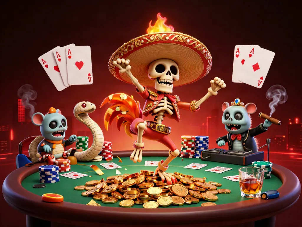 Experience the thrill of Jw88 with a lively scene featuring a cartoon mariachi rooster, casino elements, and vibrant designs.
