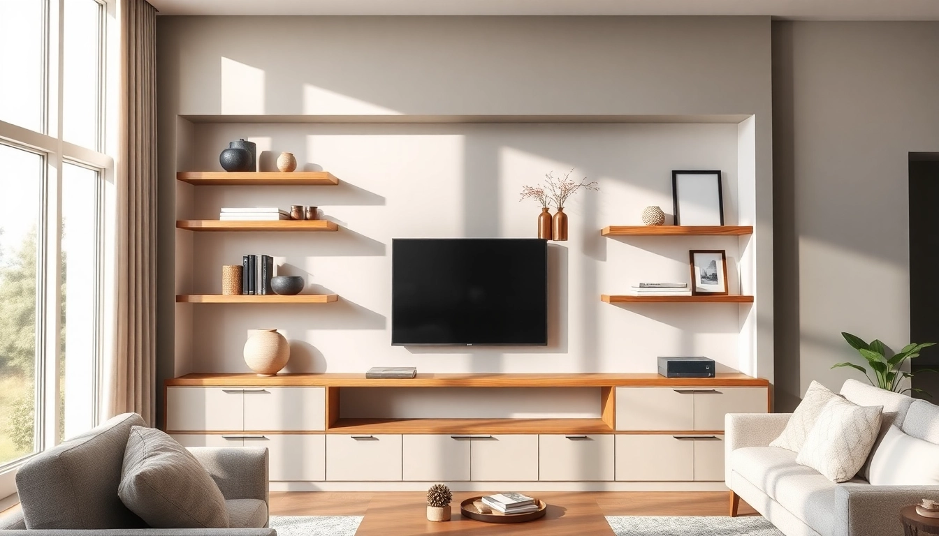 Built-in shelving contractor Westchester showcasing elegant wooden shelves in a cozy living room.