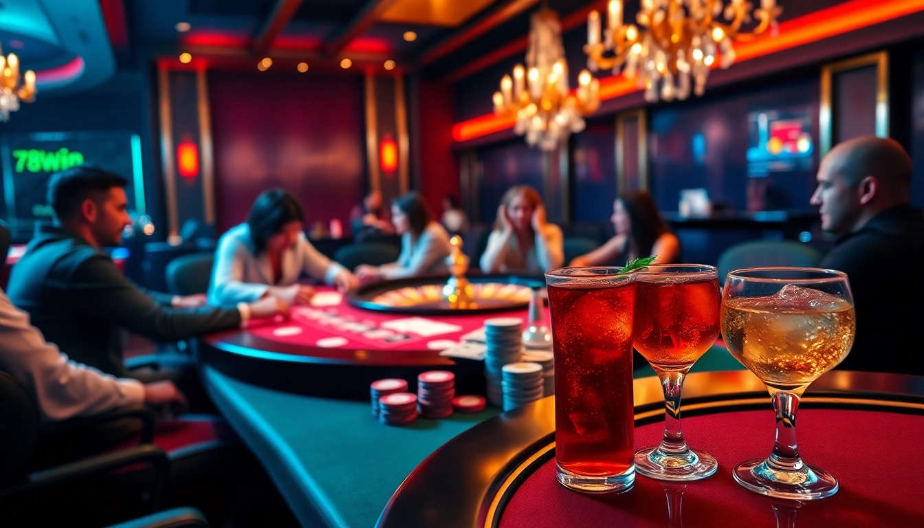 Players enjoying an engaging poker game at 78Win casino with vibrant atmosphere.