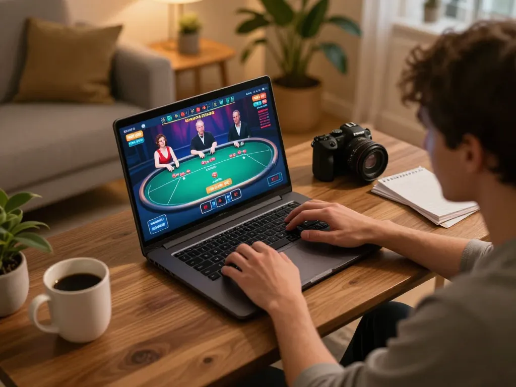 Engaging online gaming scene showcasing LINK XO88 in a cozy home setup with vibrant poker graphics