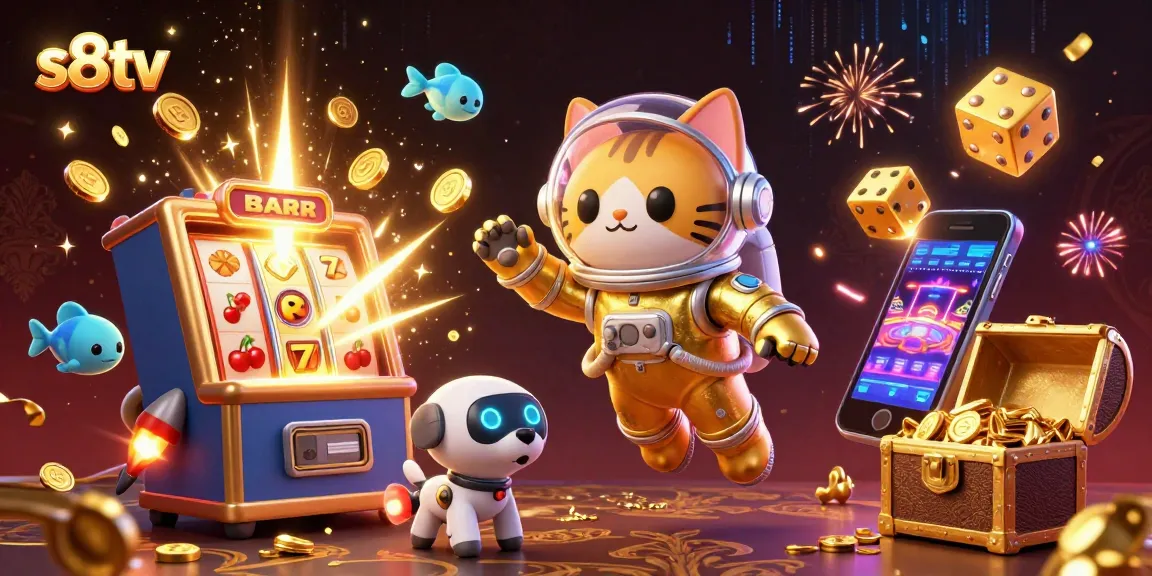 S8TV's exciting 3D scene with an astronaut cat and robot dog betting on live sports and slots.