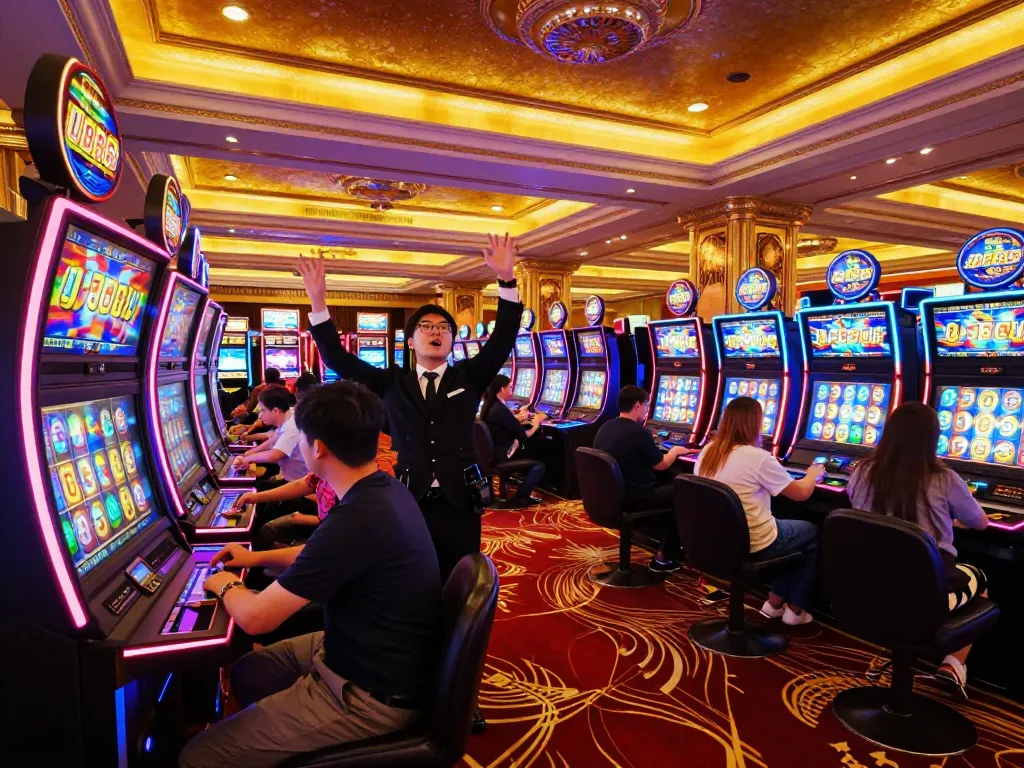 Players engaging with vibrant slot machines at U888 casino, highlighting excitement in gambling